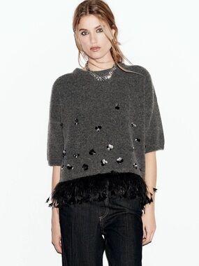 NWT Zara Woman Bloggers Fav WOOL SWEATER WITH SEQUINS AND FEATHERS Size S - M